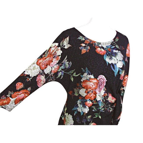 Robbie Bee Foil Floral Wrap Midi Dress Hits At Knee Black Red Teal Size PM NWT - Picture 4 of 12